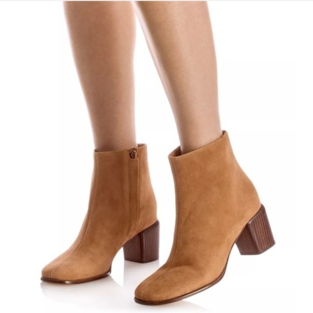 Vince Maggie Tan Suede Square Toe‎ Ankle Boots Ribbed Block Heel Size 10 NEW